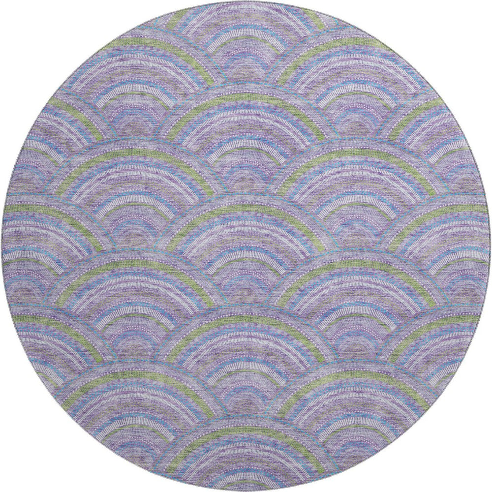 HomeRoots 8' Stylish Geometric Round Rug in Lavender, Olive Green & Ivory - Washable, Durable, UV Protected! 677690