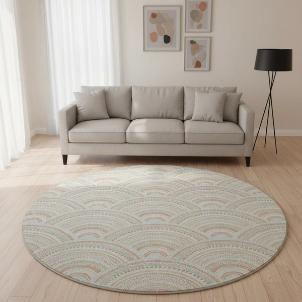 HomeRoots 8' Washable Round Rug in Linen Peach & Ivory Geometric Design - UV Protection & Stain Resistant! 677696