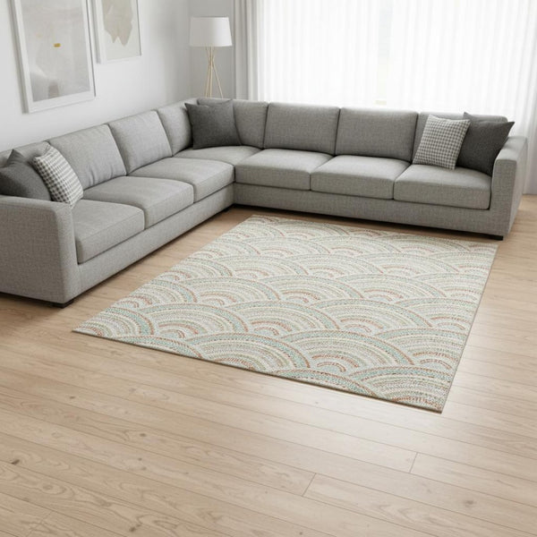 HomeRoots 8' X 10' Linen Peach & Ivory Geometric Area Rug - Washable, UV-Protected, Durable & Stylish Decor 677697