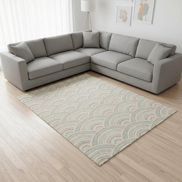 HomeRoots 9' X 12' Geometric Peach & Ivory Area Rug - Washable, Stain-Resistant, UV Protected for Modern Homes 677698