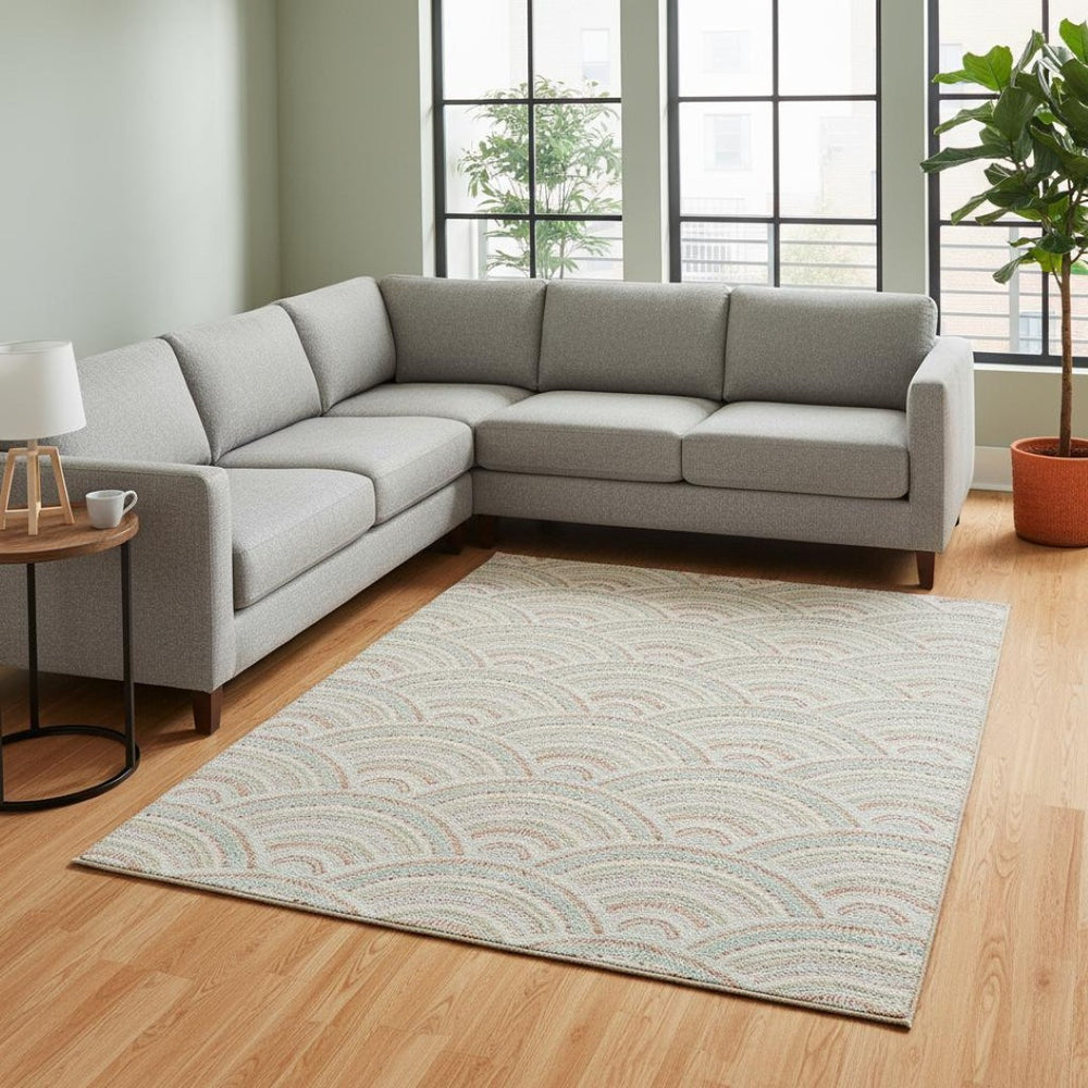 HomeRoots 10' X 14' Linen Peach & Ivory Geometric Area Rug – Washable, UV Protected, Modern Design for Homes 677699