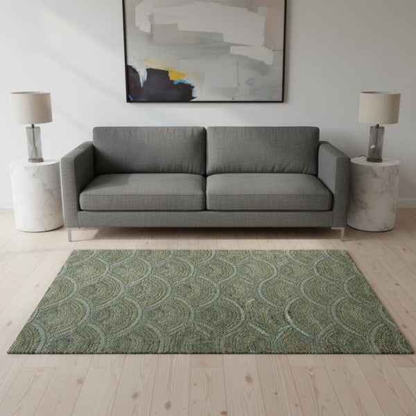 HomeRoots 5' X 8' Olive Green & Silver Geometric Area Rug - Washable, Stain-Resistant, UV Protected Design 677701