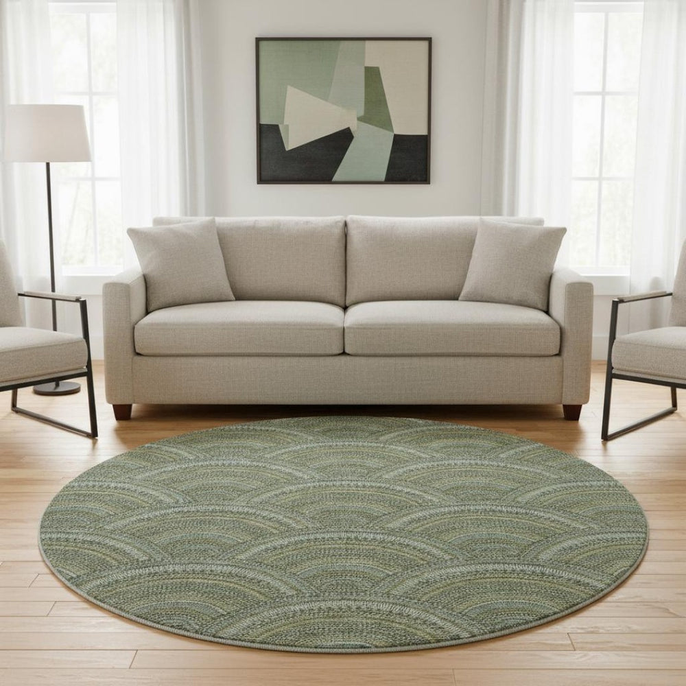 HomeRoots 8' Olive Green & Silver Geometric Round Rug - Washable, UV Protected, Durable Design for Any Room 677702