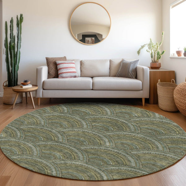 HomeRoots 8' Olive Green & Silver Geometric Round Rug - Washable, UV Protected, Durable Design for Any Room 677702