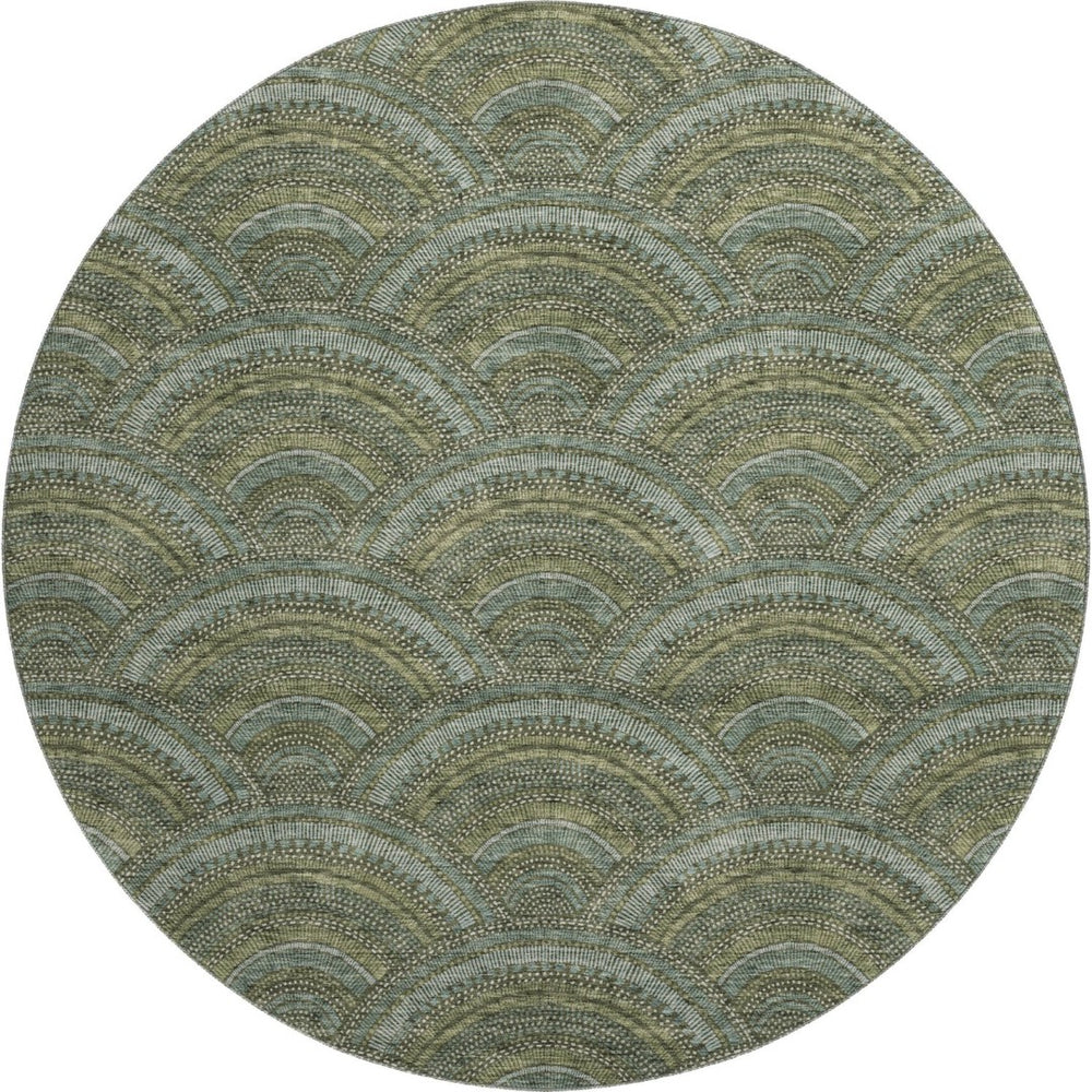 HomeRoots 8' Olive Green & Silver Geometric Round Rug - Washable, UV Protected, Durable Design for Any Room 677702