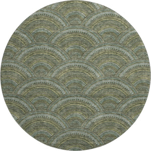 HomeRoots 8' Olive Green & Silver Geometric Round Rug - Washable, UV Protected, Durable Design for Any Room 677702
