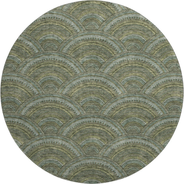 HomeRoots 8' Olive Green & Silver Geometric Round Rug - Washable, UV Protected, Durable Design for Any Room 677702