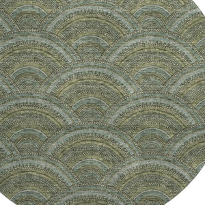 HomeRoots 8' Olive Green & Silver Geometric Round Rug - Washable, UV Protected, Durable Design for Any Room 677702