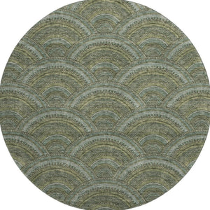HomeRoots 8' Olive Green & Silver Geometric Round Rug - Washable, UV Protected, Durable Design for Any Room 677702