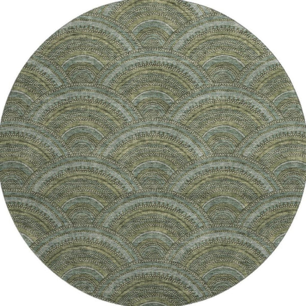 HomeRoots 8' Olive Green & Silver Geometric Round Rug - Washable, UV Protected, Durable Design for Any Room 677702