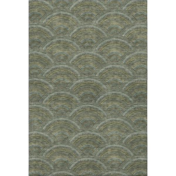 HomeRoots 8' X 10' Olive Green & Silver Geometric Area Rug - Washable, UV-Protected, Durable & Stylish Design 677703