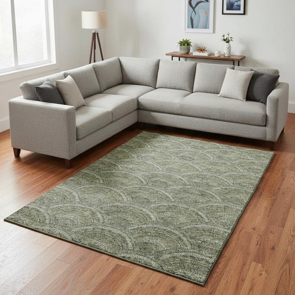 HomeRoots 9' X 12' Olive Green and Silver Geometric Area Rug - Washable, UV Protected for High-Traffic Spaces 677704