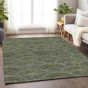 HomeRoots 9' X 12' Olive Green and Silver Geometric Area Rug - Washable, UV Protected for High-Traffic Spaces 677704