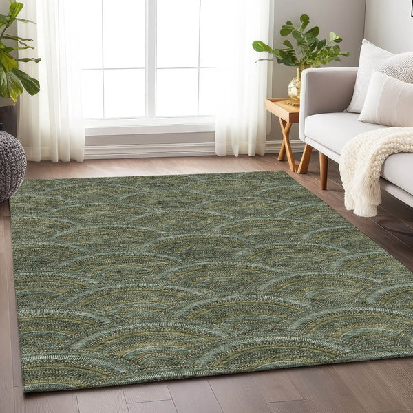 HomeRoots 9' X 12' Olive Green and Silver Geometric Area Rug - Washable, UV Protected for High-Traffic Spaces 677704