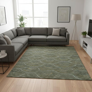 HomeRoots 10' Olive Green & Silver Geometric Area Rug - Washable, UV Protected, Perfect for High-Traffic Spaces 677705