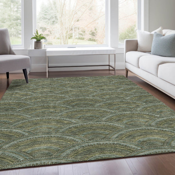 HomeRoots 10' Olive Green & Silver Geometric Area Rug - Washable, UV Protected, Perfect for High-Traffic Spaces 677705