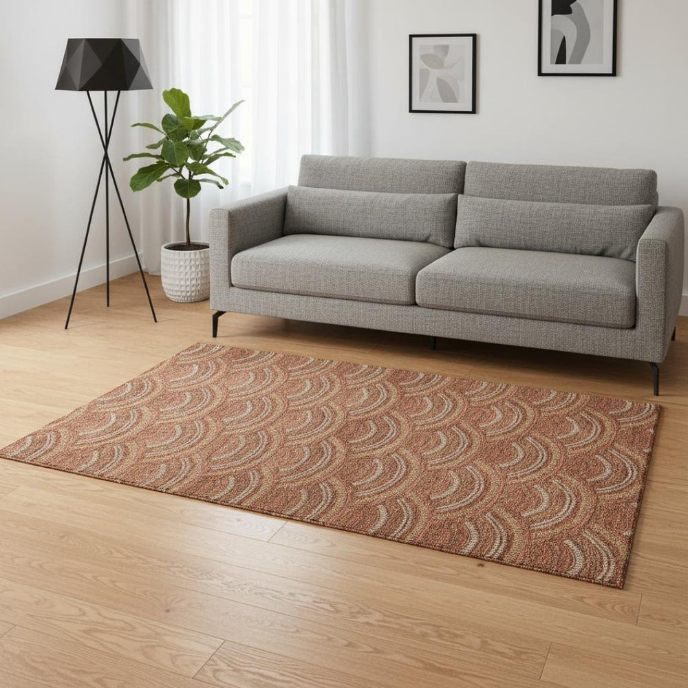 HomeRoots 5' X 8' Geometric Washable Area Rug in Rust Gold & Ivory - UV Protected, Stain Resistant, Durable Design 677707