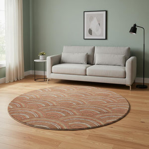 HomeRoots 8' Stylish Rust Gold & Ivory Geometric Washable Round Rug with UV Protection for Modern Homes 677708