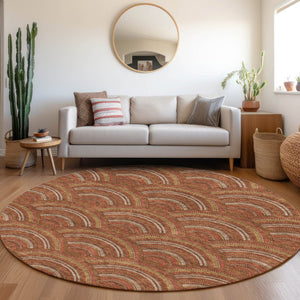 HomeRoots 8' Stylish Rust Gold & Ivory Geometric Washable Round Rug with UV Protection for Modern Homes 677708