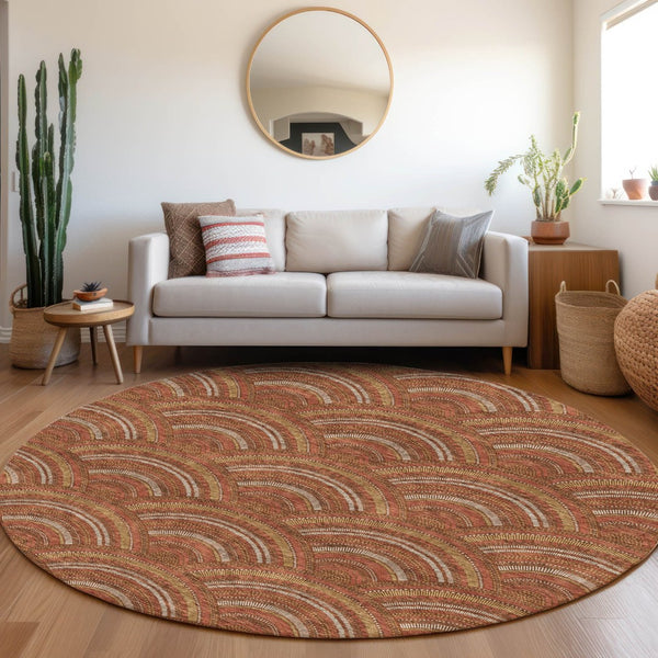 HomeRoots 8' Stylish Rust Gold & Ivory Geometric Washable Round Rug with UV Protection for Modern Homes 677708