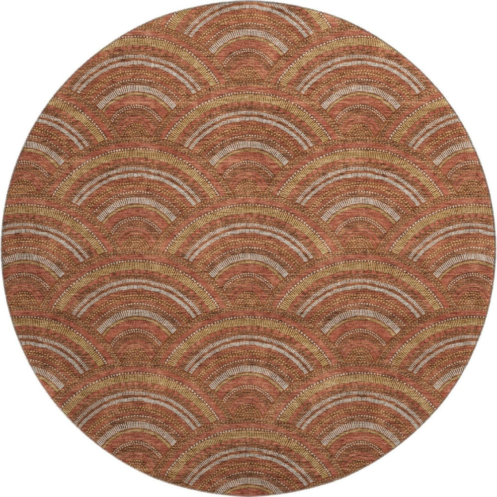 HomeRoots 8' Stylish Rust Gold & Ivory Geometric Washable Round Rug with UV Protection for Modern Homes 677708