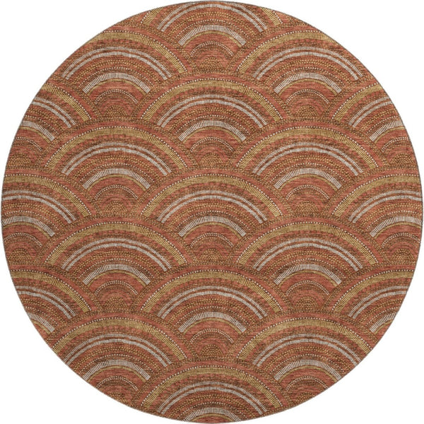 HomeRoots 8' Stylish Rust Gold & Ivory Geometric Washable Round Rug with UV Protection for Modern Homes 677708