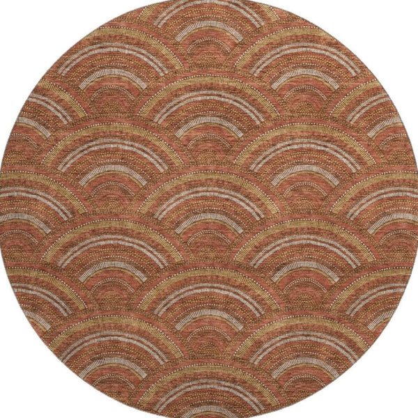 HomeRoots 8' Stylish Rust Gold & Ivory Geometric Washable Round Rug with UV Protection for Modern Homes 677708