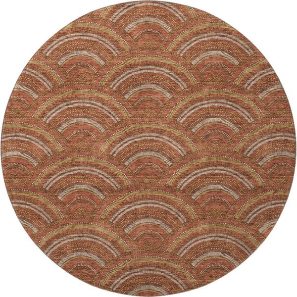 HomeRoots 8' Stylish Rust Gold & Ivory Geometric Washable Round Rug with UV Protection for Modern Homes 677708