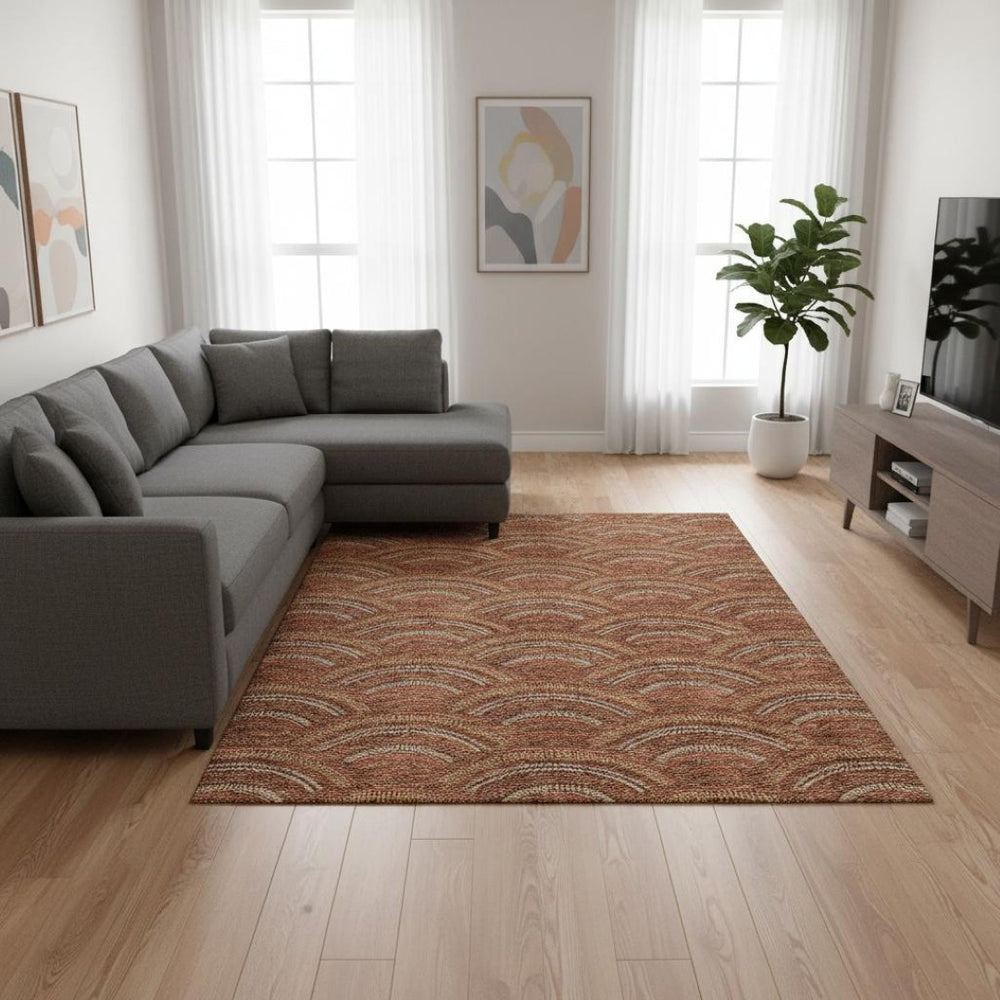 HomeRoots 8' X 10' Washable Rust Gold Ivory Geometric Area Rug with UV Protection for Modern Homes & Spaces 677709
