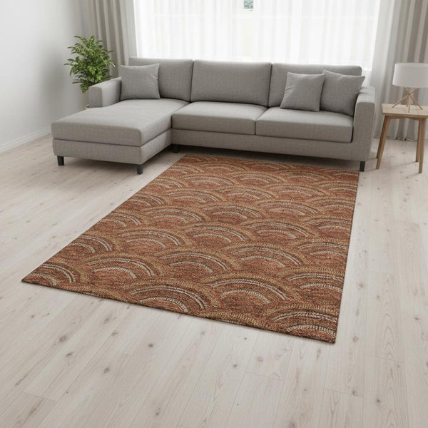 HomeRoots 9' X 12' Geometric Washable Area Rug in Rust, Gold & Ivory - UV Protected, Durable & Stylish Design! 677710