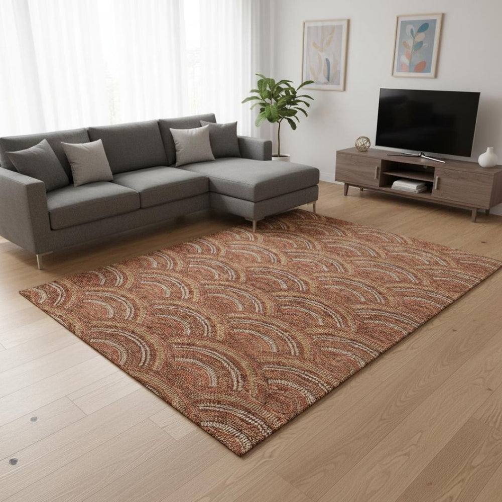 HomeRoots 10' X 14' Modern Geometric Washable Area Rug in Rust, Gold & Ivory – Durable, UV Protected Design! 677711
