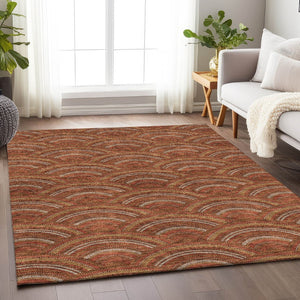 HomeRoots 10' X 14' Modern Geometric Washable Area Rug in Rust, Gold & Ivory – Durable, UV Protected Design! 677711