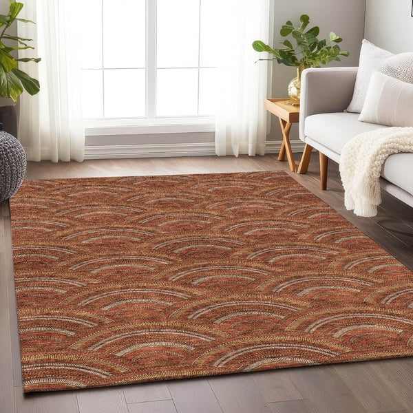 HomeRoots 10' X 14' Modern Geometric Washable Area Rug in Rust, Gold & Ivory – Durable, UV Protected Design! 677711