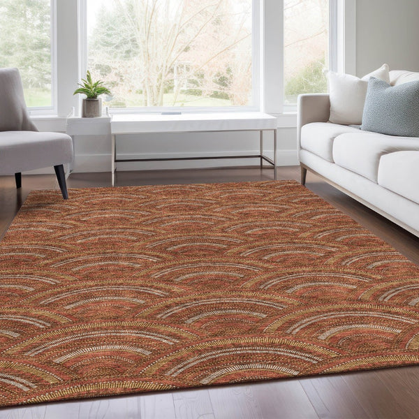 HomeRoots 10' X 14' Modern Geometric Washable Area Rug in Rust, Gold & Ivory – Durable, UV Protected Design! 677711