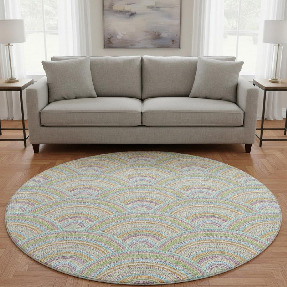 HomeRoots 8' Modern Geometric Washable Round Rug in Pearl Orange & Green - UV Protected, Stain-Resistant Design 677714