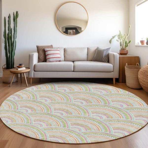 HomeRoots 8' Modern Geometric Washable Round Rug in Pearl Orange & Green - UV Protected, Stain-Resistant Design 677714