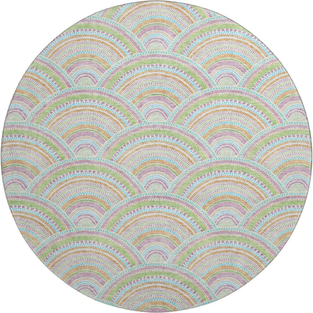 HomeRoots 8' Modern Geometric Washable Round Rug in Pearl Orange & Green - UV Protected, Stain-Resistant Design 677714