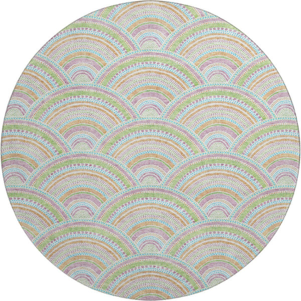 HomeRoots 8' Modern Geometric Washable Round Rug in Pearl Orange & Green - UV Protected, Stain-Resistant Design 677714