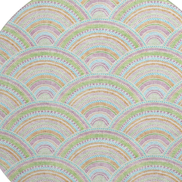 HomeRoots 8' Modern Geometric Washable Round Rug in Pearl Orange & Green - UV Protected, Stain-Resistant Design 677714