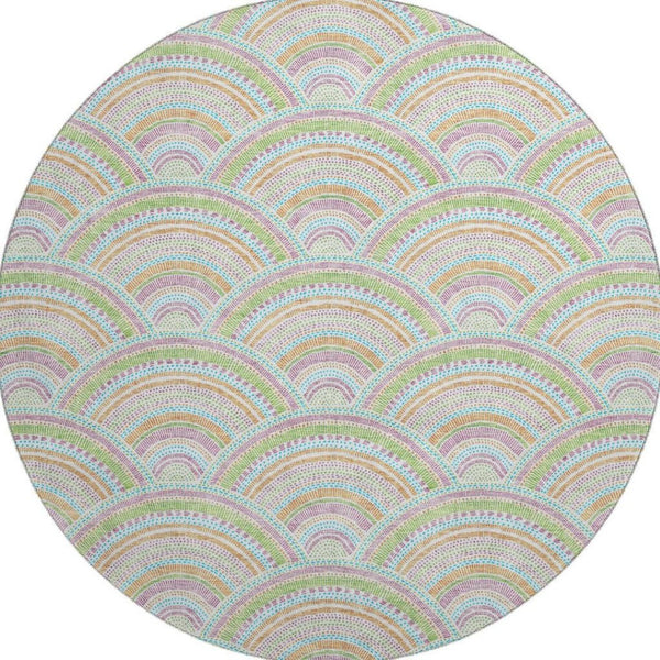 HomeRoots 8' Modern Geometric Washable Round Rug in Pearl Orange & Green - UV Protected, Stain-Resistant Design 677714