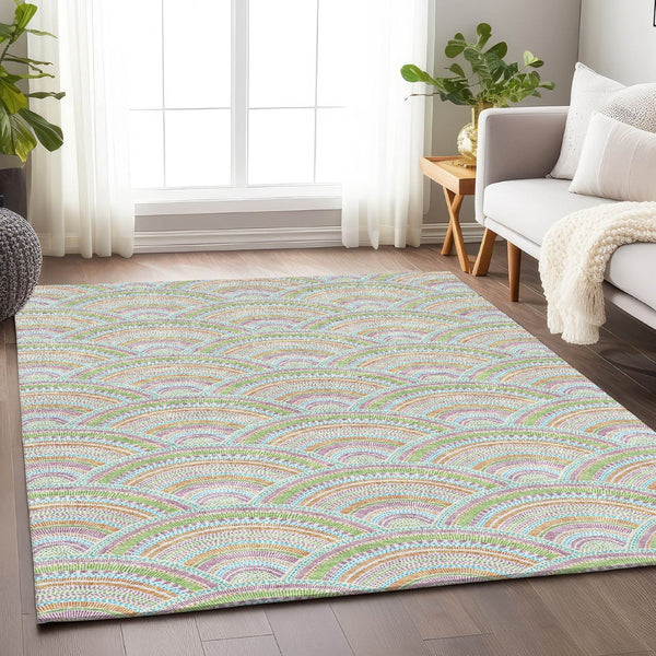 HomeRoots 9' X 12' Pearl Orange & Green Geometric Area Rug - Durable, Washable Design with UV Protection! 677716