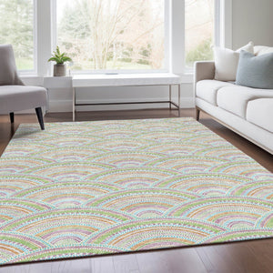 HomeRoots 9' X 12' Pearl Orange & Green Geometric Area Rug - Durable, Washable Design with UV Protection! 677716