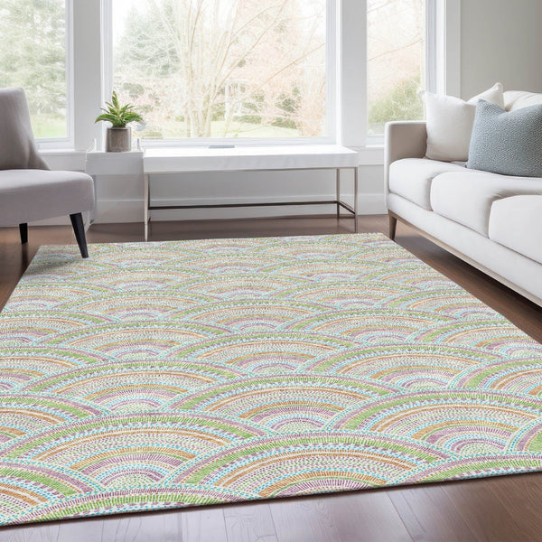 HomeRoots 9' X 12' Pearl Orange & Green Geometric Area Rug - Durable, Washable Design with UV Protection! 677716