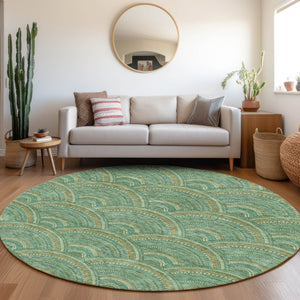HomeRoots 8' Sage and Peach Geometric Round Rug - Washable, UV-Protected, Stylish & Durable for Any Space 677720