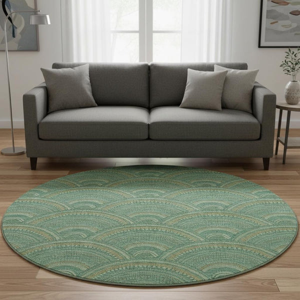 HomeRoots 8' Sage and Peach Geometric Round Rug - Washable, UV-Protected, Stylish & Durable for Any Space 677720