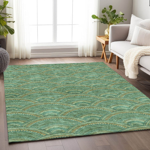 HomeRoots 8' X 10' Sage and Peach Geometric Area Rug – Washable, UV-Protected, Durable & Family-Friendly Design 677721