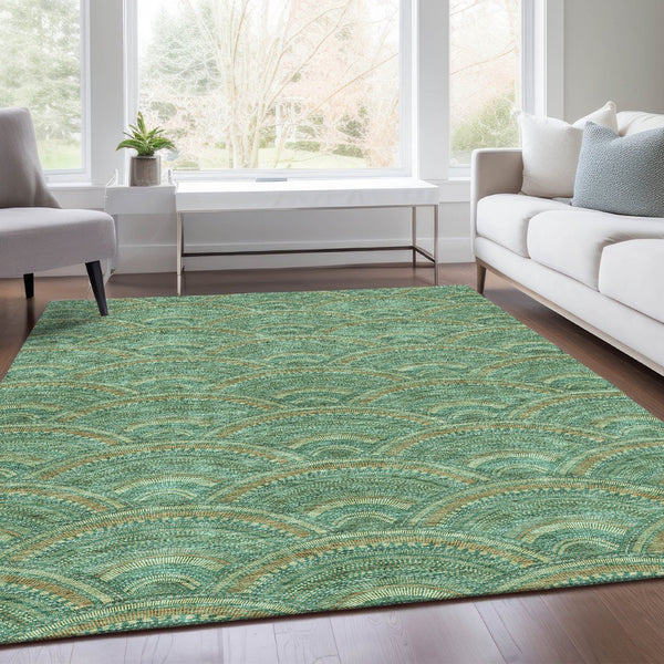 HomeRoots 8' X 10' Sage and Peach Geometric Area Rug – Washable, UV-Protected, Durable & Family-Friendly Design 677721
