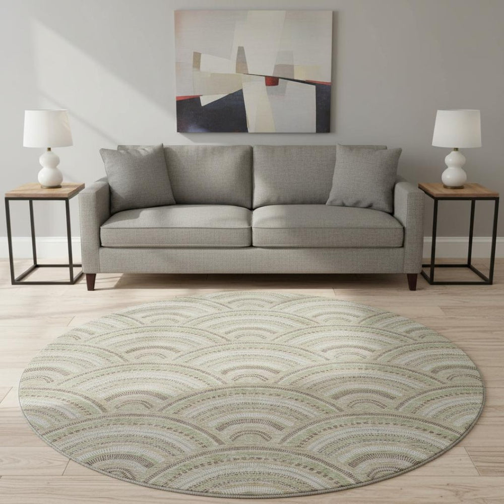 HomeRoots 8' Taupe and Ivory Geometric Round Washable Rug - Stain Resistant, UV Protected, Modern Design! 677726