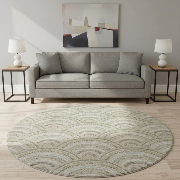 HomeRoots 8' Taupe and Ivory Geometric Round Washable Rug - Stain Resistant, UV Protected, Modern Design! 677726