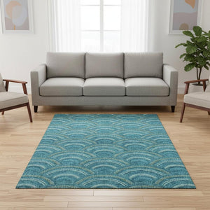 HomeRoots 5' X 8' Vibrant Teal, Ivory & Fern Green Geometric Area Rug - Stain Resistant, UV Protected & Stylish! 677731